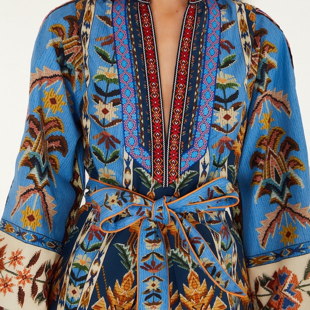 Farm Rio Embroidered Tapestry Organic Cotton Blue Boho Mini Dress with Belt - Picture 4 of 10